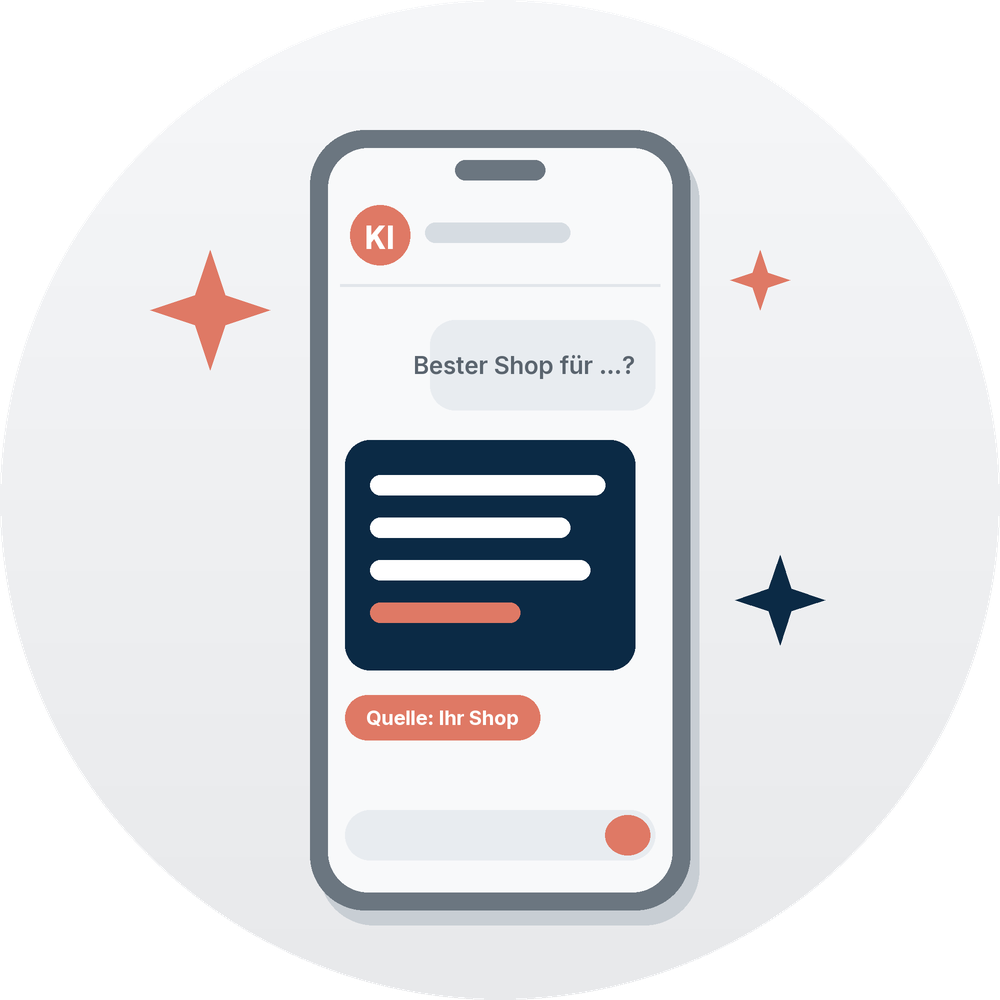 Smartphone mit KI-Antwort, die einen Onlineshop als Quelle nennt